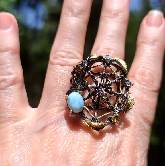Larimar Citrine & Topaz Sterling & Gold Spiderweb 🕸 🕷 Spider ring sz8 - Picture 3 of 8